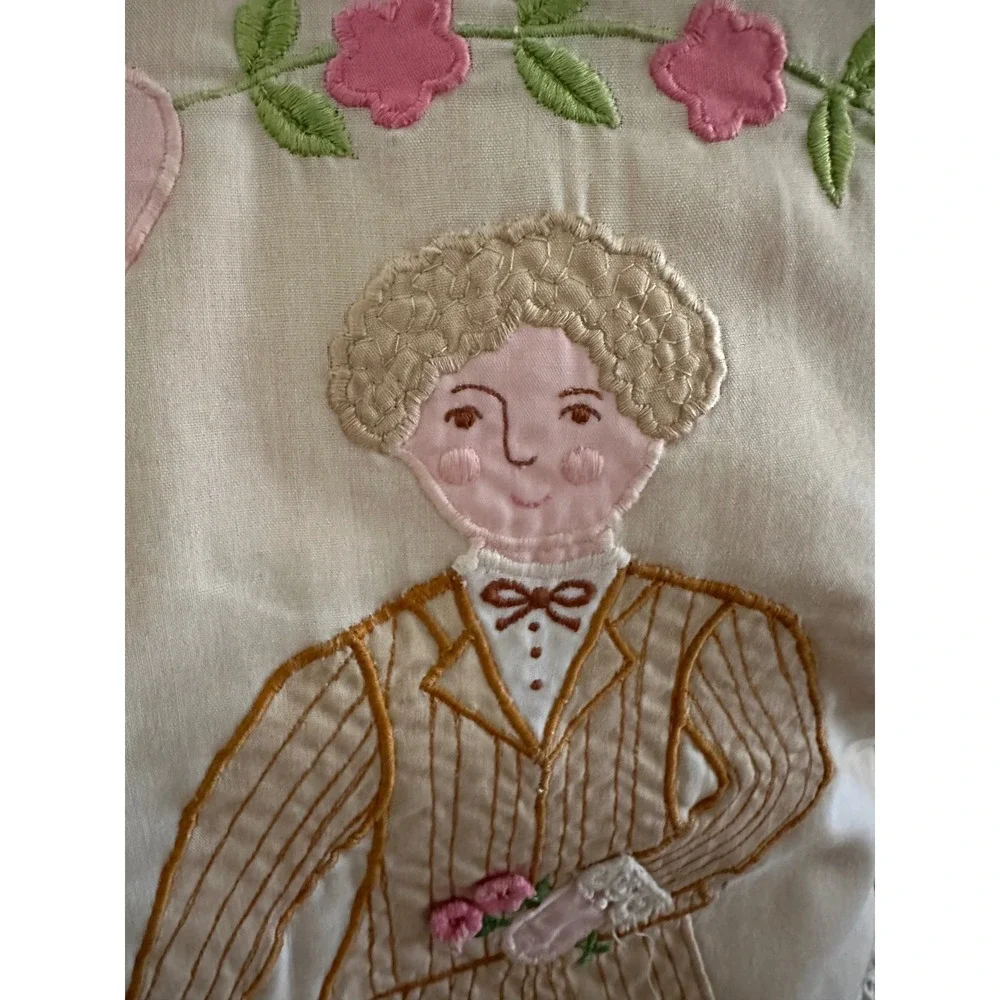 Vintage House of Hatten Applique Pillow Folk Art Victorian Couple Lace 13x13